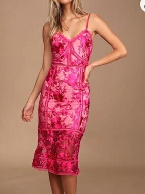 Just Me Hot Pink Floral Embroidered Midi Dress